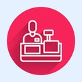 White line Cashier at cash register supermarket icon isolated with long shadow. Shop assistant, cashier standing at