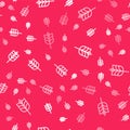 White line Cereals set with rice, wheat, corn, oats, rye, barley icon isolated seamless pattern on red background. Ears Royalty Free Stock Photo