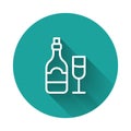 White line Champagne bottle with glass icon isolated with long shadow background. Green circle button. Vector