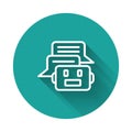 White line Chat bot icon isolated with long shadow background. Chatbot icon. Green circle button. Vector