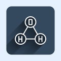 White line Chemical formula for water drops H2O shaped icon isolated with long shadow background. Blue square button Royalty Free Stock Photo