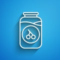 White line Cherry jam jar icon isolated on blue background. Long shadow. Vector.