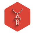 White line Christian cross on chain icon isolated with long shadow background. Church cross. Red hexagon button. Vector Royalty Free Stock Photo