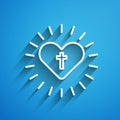 White line Christian cross and heart icon isolated on blue background. Happy Easter. Long shadow Royalty Free Stock Photo