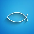 White line Christian fish symbol icon isolated on blue background. Jesus fish symbol. Long shadow