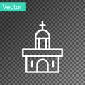 White line Church building icon isolated on transparent background. Christian Church. Religion of church. Vector Royalty Free Stock Photo