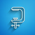 White line Clamp and screw tool icon isolated on blue background. Locksmith tool. Long shadow