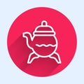 White line Classic teapot icon isolated with long shadow background. Red circle button. Vector