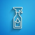 White line Cleaning spray bottle with detergent liquid icon isolated on blue background. Long shadow. Vector Royalty Free Stock Photo