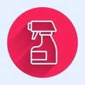 White line Cleaning spray bottle with detergent liquid icon isolated with long shadow. Stain remover. Red circle button Royalty Free Stock Photo