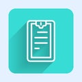 White line Clipboard with checklist icon isolated with long shadow. Control list symbol. Survey poll or questionnaire