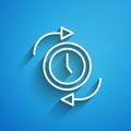 White line Clock with arrow icon isolated on blue background. Time symbol. Clockwise rotation icon arrow and time. Long Royalty Free Stock Photo