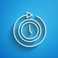 White line Clock with arrow icon isolated on blue background. Time symbol. Clockwise rotation icon arrow and time. Long Royalty Free Stock Photo