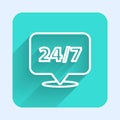 White line Clock 24 hours icon isolated with long shadow. All day cyclic icon. 24 hours service symbol. Green square