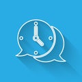 White line Clock with speech bubble icon isolated with long shadow. Time sign. Office watch or timer symbol. Vector Royalty Free Stock Photo