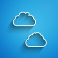 White line Cloud icon isolated on blue background. Long shadow. Vector Royalty Free Stock Photo