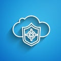 White line Cloud and shield icon isolated on blue background. Cloud storage data protection. Security, safety Royalty Free Stock Photo