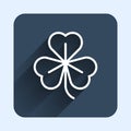White line Clover icon isolated with long shadow background. Happy Saint Patrick day. Blue square button. Vector