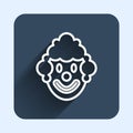 White line Clown head icon isolated with long shadow background. Blue square button. Vector Royalty Free Stock Photo