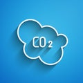 White line CO2 emissions in cloud icon isolated on blue background. Carbon dioxide formula, smog pollution concept Royalty Free Stock Photo