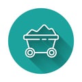 White line Coal mine trolley icon isolated with long shadow. Factory coal mine trolley. Green circle button. Vector