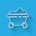 White line Coal mine trolley icon isolated with long shadow. Factory coal mine trolley. Vector Illustration
