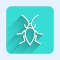 White line Cockroach icon isolated with long shadow. Green square button. Vector