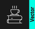 White line Coffee cup and book icon isolated on black background. Tea cup. Hot drink coffee. Vector Illustration Royalty Free Stock Photo