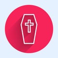 White line Coffin with christian cross icon isolated with long shadow. Happy Halloween party. Red circle button. Vector