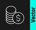 White line Coin money with dollar symbol icon isolated on black background. Banking currency sign. Cash symbol. Vector Royalty Free Stock Photo