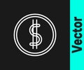 White line Coin money with dollar symbol icon isolated on black background. Banking currency sign. Cash symbol. Vector Royalty Free Stock Photo