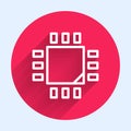 White line Computer processor with microcircuits CPU icon isolated with long shadow. Chip or cpu with circuit board Royalty Free Stock Photo