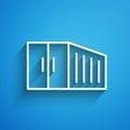White line Container icon isolated on blue background. Crane lifts a container with cargo. Long shadow. Vector