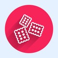 White line Cracker biscuit icon isolated with long shadow. Sweet cookie. Red circle button. Vector Illustration