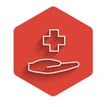 White line Cross hospital medical icon isolated with long shadow. First aid. Diagnostics symbol. Medicine and pharmacy