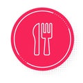 White line Crossed knife and fork icon isolated on white background. Cutlery symbol. Red circle button. Vector Royalty Free Stock Photo