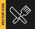 White line Crossed knife and fork icon isolated on black background. Cutlery symbol. Vector Royalty Free Stock Photo