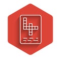 White line Crossword icon isolated with long shadow. Red hexagon button. Vector Royalty Free Stock Photo