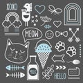 White line cute cat related and fun icons design elements set on black Royalty Free Stock Photo