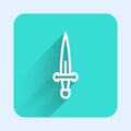 White line Dagger icon isolated with long shadow. Knife icon. Sword with sharp blade. Green square button. Vector Royalty Free Stock Photo