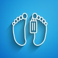 White line Dead body with an identity tag attached in the feet in a morgue of a hospital icon isolated on blue Royalty Free Stock Photo