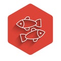 White line Dead fish icon isolated with long shadow. Red hexagon button. Vector