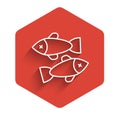 White line Dead fish icon isolated with long shadow. Red hexagon button. Vector