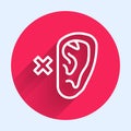 White line Deafness icon isolated with long shadow. Deaf symbol. Hearing impairment. Red circle button. Vector