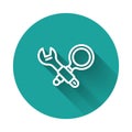 White line Debugging icon isolated with long shadow background. Debugging tool. Magnifying glass on bug programming Royalty Free Stock Photo