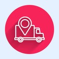 White line Delivery tracking icon isolated with long shadow. Parcel tracking. Red circle button. Vector Illustration Royalty Free Stock Photo