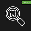 White line Dental search icon isolated on black background. Tooth symbol for dentistry clinic or dentist medical center Royalty Free Stock Photo