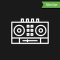 White line DJ remote for playing and mixing music icon isolated on black background. DJ mixer complete with vinyl player Royalty Free Stock Photo