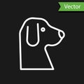 White line Dog icon isolated on black background. Vector Royalty Free Stock Photo