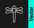 White line Dragonfly icon isolated on black background. Vector